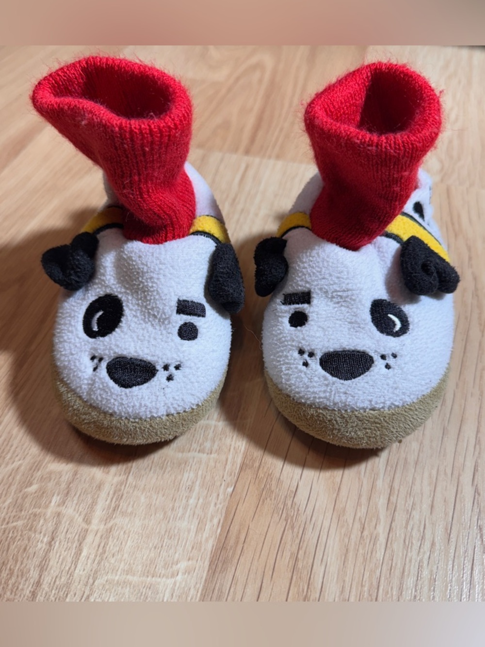 Size 4 Plush Dalmatian Slip-On house shoes- Red and White